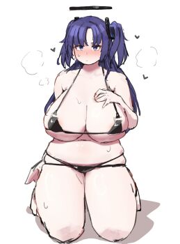 1girl areola_slip bikini black_bikini blue_archive blue_eyes blue_hair blush breasts hair_ornament halo hand_on_own_chest heart huge_breasts long_hair micro_bikini navel nikuniku315 plump seiza sitting skindentation solo sweat swimsuit thick_thighs thighs two_side_up white_background yuuka_(blue_archive)