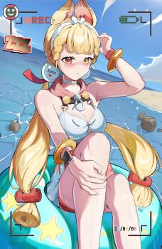 130738130 1girl absurdres alice_thymefield alice_thymefield_(sea_of_thyme) animal_ears armpits bare_legs bare_shoulders battery_indicator blonde_hair blue_sky blush bracelet breasts closed_mouth cloud collar dress_swimsuit hair_ornament hand_on_own_head hand_on_own_leg heterochromia highres jewelry long_hair medium_breasts official_alternate_costume rabbit_ears rabbit_girl recording red_eyes rock shy sky sphere_hair_ornament swim_ring swimsuit user_interface watch water wet wristwatch yellow_eyes zenless_zone_zero