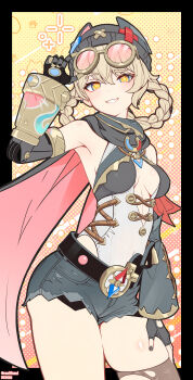 1girl absurdres armpits black_gloves black_hat black_nails black_shorts blush braid braided_hair_rings breasts center_opening commentary_request compass covered_navel eyewear_on_head fingerless_gloves fingernails genshin_impact gloves hair_between_eyes hair_rings hand_on_own_thigh hat highres jahoda_(genshin_impact) long_hair long_sleeves looking_at_viewer mechanical_arms medium_breasts nail_polish no_bra rswifhand shirt short_shorts shorts single_mechanical_arm single_thighhigh sleeveless sleeveless_shirt smile solo star-shaped_pupils star_(symbol) symbol-shaped_pupils thick_thighs thigh_focus thighhighs thighs torn_clothes torn_thighhighs