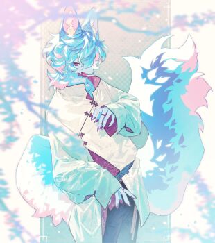 1boy blue_fur blue_hair body_fur claws coat commentary cowboy_shot fox_boy fuji_166 halftone halftone_background highres jewelry long_sleeves looking_at_viewer male_focus multiple_rings original pink_eyes ring solo symbol-only_commentary tail white_coat