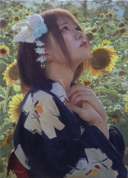 1girl absurdres blue_kimono brown_hair commentary_request field floral_print flower flower_field from_side hair_flower hair_ornament highres japanese_clothes kimono looking_up medium_hair naohiro_ito oil_painting_(medium) original painting_(medium) sunflower sunflower_field traditional_media white_flower yellow_flower