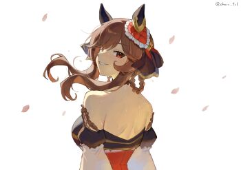 1girl animal_ears back bare_shoulders blush braid braided_hair_rings breasts brown_hair cho_k_(choco_tcl) ear_covers ear_ornament from_behind gentildonna_(regina_dei_fiori)_(umamusume) gentildonna_(umamusume) hair_between_eyes hair_ornament hair_rings heart-shaped_ornament heart_ear_ornament highres horse_ears horse_girl large_breasts looking_at_viewer looking_back off_shoulder red_eyes shoulder_blades simple_background smile solo umamusume white_background