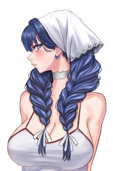 Rule 34 | 1990s (style), absurdres, bare shoulders, blue eyes, blue hair, braid, breasts, choker, cleavage, commentary, english commentary, from side, headscarf, highres, hololive, hololive english, lace-trimmed choker, lace trim, large breasts, looking at viewer, low twin braids, mikexyil, ouro kronii, retro artstyle, ribbon earrings, simple background, solo, twin braids, virtual youtuber, white background