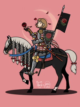 1girl absurdres armor black_horse bow braided_mane brown_gloves brown_hair commentary crescent_moon english_commentary falling_petals flag floral_print flower gloves highres holding holding_flower horse_tail horseback_riding knight looking_at_viewer looking_to_the_side mane_bow mcpls3mcpls medium_hair moon original petals pink_background polearm red_bow red_flower red_rose riding rose rose_print saddle shadow shield simple_background smile smug solo spear spurs stirrups_(riding) tail tail_bow tail_ornament weapon white_mane