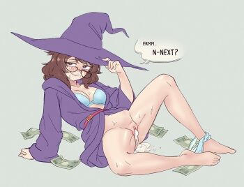 arm_support banknote belt blue_bra blue_panties blush bottomless bow bow_bra bra breasts brown_hair collarbone commentary cum cum_in_pussy cum_pool cumdrip dollar_bill english_commentary english_text glasses groin_tendon hat looking_at_another medium_hair money naughty_face original panties panties_around_one_ankle realda_(vibrantrida) small_breasts smile speech_bubble spread_legs sweat underwear vibrantrida witch_hat