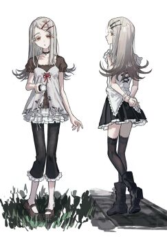 1girl :o black_boots black_choker black_pants black_skirt black_thighhighs blonde_hair blouse boots brown_shirt brown_shoes camisole choker closed_mouth collarbone colored_eyelashes commentary_request flashlight flipped_hair frilled_shirt frilled_skirt frills from_behind full_body gakuen_idolmaster gradient_hair grey_hair hair_ornament hairclip highres hisato_00 holding holding_flashlight idolmaster lace lace-trimmed_thighhighs lace_trim layered_skirt loafers long_hair looking_at_viewer looking_back multicolored_hair multiple_views open_mouth orange_eyes pants parallel_hairclips pigeon-toed profile puffy_short_sleeves puffy_sleeves red_ribbon ribbon shinosawa_hiro shirt shoes short_sleeves simple_background skirt sleeveless sleeveless_shirt smile swept_bangs thighhighs torn_clothes white_background white_camisole white_shirt white_skirt