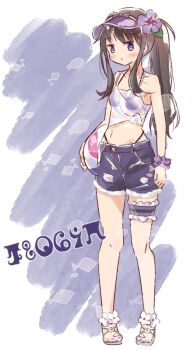 1girl akemi_homura ball bathingsuit beachball black_hair blush bracelet breasts chocolate_blossom flower flowers_in_hair grey_background hair_flower hair_ornament highres jewelry long_hair mahou_shoujo_madoka_magica midriff nail_polish ocean_background pants parted_bangs ponytail purple_flower sandals shirt shorts small_breasts solo_focus strappy_heels swimsuit text_background tied_shirt torn_clothes torn_pants tousled_hair visor_cap white_background white_flower