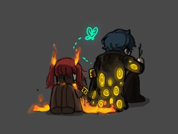 Rule 34 | 1boy, 1girl, alyssa (project moon), ardor blossom star (e.g.o), armband, blue hair, covering own eyes, e.g.o (project moon), faelantern (project moon), fairy, glasses, gloves, grey background, highres, hohenheim (project moon), knees up, lamp (e.g.o), limbus company, nra 3614, pants, project moon, red hair, simple background, spoilers, twintails