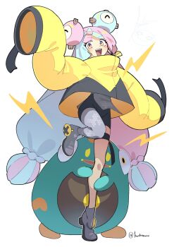 1girl :d bellibolt blue_hair bow-shaped_hair character_hair_ornament eyelashes grey_pantyhose hair_ornament hanten_(hantennano) highres iono_(pokemon) jacket leg_up long_sleeves looking_at_viewer nintendo open_mouth pantyhose pink_eyes pink_hair pokemon pokemon_(creature) pokemon_sv sharp_teeth single_leg_pantyhose sleeves_past_fingers sleeves_past_wrists smile teeth thigh_strap twintails twitter_username upper_teeth_only wide_sleeves yellow_jacket