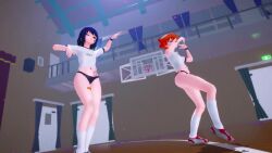 2girls 3d amv animated aqua_eyes ass ass_focus ass_shake asteriskmmd asymmetrical_hair audible_music belly belly_dancer blue_hair body_writing bouncing_ass bouncing_breasts breasts buruma cameltoe dancing female_focus from_behind from_below gen_1_pokemon gym_uniform hair_tie harem_outfit hentai_music_video highres huge_filesize kanae loli mikumikudance_(medium) misty_(pokemon) multiple_girls music music_video name_tag navel nintendo nipples nude orange_hair original pelvic_curtain pokemon pokemon_rgby ponytail school_uniform shirt short_hair side_ponytail small_breasts sound standing stomach tagme tattoo thighs underwear veil video white_shirt