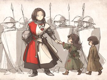 aged_down armor balance_scale_print belt blood blood_on_clothes blue_eyes braid brown_eyes brown_hair chainmail chunky_sister_(ironlily) commentary english_commentary great_helm greaves helmet ironlily kite_shield lady_lucerne_(ironlily) lady_merle_(ironlily) long_hair medieval multiple_girls ordo_mediare_sisters_(ironlily) red_surcoat scabbard sheath sheathed standing surcoat sword weapon