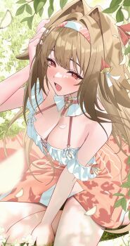 1girl absurdres bare_shoulders blush breasts brown_hair cleavage commentary_request hair_flaps hair_intakes hair_ornament hairband hand_up highres jumonji long_hair looking_at_viewer medium_breasts official_alternate_costume open_mouth outdoors paid_reward_available partial_commentary red_eyes red_skirt shirt sitting skirt smile solo variant_set white_hairband white_shirt ye_shunguang ye_shunguang_(touch_of_dawnlight) yokozuwari zenless_zone_zero