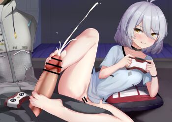 1girl acacia_(snowbreak) baku_(8079384) barefoot blush bottomless censored controller cum ejaculation feet footjob game_controller grey_hair highres licking_lips medium_hair no_panties pussy snowbreak:_containment_zone toes tongue tongue_out yellow_eyes