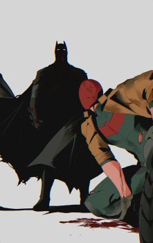 bat_signal batman batman_(series) batman_symbol black_bodysuit black_gloves bodysuit brown_jacket bruce_wayne cowl dc_comics gloves grey_bodysuit highres jacket jason_todd jasonjoayo male_focus mask multicolored_bodysuit multiple_boys muscular muscular_male open_clothes pants red_hood_(dc) red_hood_and_the_outlaws superhero_costume taut_bodysuit two-tone_bodysuit