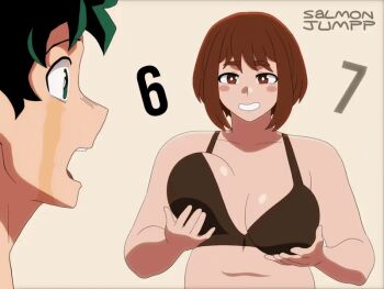 1boy 1girl 67_(meme) animated animated_gif black_bra blush boku_no_hero_academia bra breasts brown_hair browntable green_hair large_breasts meme midoriya_izuku open_clothes open_mouth open_shirt short_hair smile underwear uraraka_ochako zoomer_slang