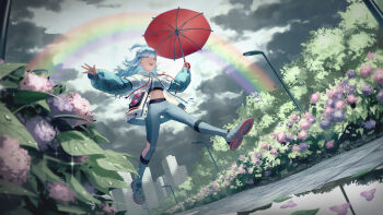 1girl :d absurdres ahoge blue_eyes blue_hair commentary flower highres holding holding_umbrella hololive hololive_indonesia kobo_kanaeru long_hair long_sleeves midriff multicolored_hair open_mouth outdoors puffy_sleeves rainbow red_umbrella sky smile teeth tokaki umbrella upper_teeth_only virtual_youtuber white_hair