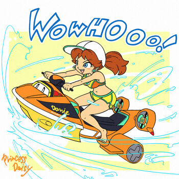 Rule 34 | 1girl, blue eyes, brown hair, character name, commentary request, crop top, earrings, flower earrings, jet ski, jewelry, long hair, mario (series), mario kart, mario kart world, meijin okd, midriff, nintendo, on jet ski, open mouth, princess daisy, princess daisy (swimwear) (mario kart world), shorts, smile, water, watercraft