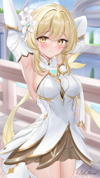 1girl absurdres arm_behind_head armpits arms_up blonde_hair blush breasts closed_mouth commentary_request cowboy_shot detached_sleeves dress flower genshin_impact hair_flower hair_ornament highres large_breasts lilith_bread lumine_(as_heaven_and_earth_are_made_anew)_(genshin_impact) lumine_(genshin_impact) medium_breasts official_alternate_costume outdoors railing short_hair_with_long_locks signature solo thighhighs thighs wavy_mouth white_dress white_flower white_sleeves yellow_eyes