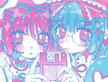 2girls animated animated_gif apangbai_(anarrator) artist_name belt belt_buckle belt_collar blue_belt blue_hair blue_ribbon blunt_bangs blush bow buckle buttons check_copyright chinese_commentary closed_mouth collar commentary commentary_request copyright_request earrings english_commentary eyelashes frilled_bow frills hair_bow hair_ornament hair_ribbon hairclip heart heart_earrings heart_hair_ornament heart_print holding jewelry limited_palette looking_at_viewer mixed-language_commentary multiple_girls neck_ribbon object_request original parted_lips pink_bow pink_eyes pink_hair pink_ribbon puffy_sleeves ribbon sharing shirt short_hair smile sparkle sparkling_eyes turtleneck upper_body white_shirt x_hair_ornament