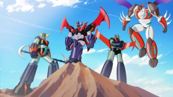 clenched_hands crossed_arms crossover flying gattai getter_robo glowing glowing_eyes great_mazinger great_mazinger_(robot) grendizer highres holding holding_weapon horns huge_horns mazinger_(series) mazinkaiser mazinkaiser_(robot) mecha mecha_focus mechanical_wings no_humans pilder robot science_fiction shin_getter-1 shin_getter_robo super_robot super_robot_wars type_x ufo_robo_grendizer weapon wings yellow_eyes