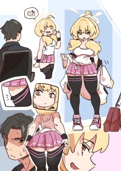 1boy 1girl blonde_hair blue_archive brown_eyes commentary_request curvy full_body halo highres low_twintails mabufuyo sensei_(blue_archive) smile spoken_food teasing thick_thighs thighhighs_pull thighs twintails yellow_halo yoshimi_(blue_archive)