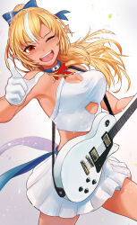 Rule 34 | 1girl, ;d, absurdres, bako tsu, blonde hair, blue bow, blush, bow, bowtie, breasts, cleavage, cleavage cutout, clothing cutout, commentary request, cowboy shot, criss-cross halter, crop top, cropped shirt, cutout above navel, dark-skinned female, dark skin, detached collar, electric guitar, elf, gibson les paul, gloves, guitar, hair bow, half gloves, halter shirt, halterneck, high ponytail, highres, holding, holding guitar, holding instrument, hololive, instrument, large breasts, long hair, looking at viewer, miniskirt, multicolored hair, no detached sleeves, one eye closed, open mouth, pleated skirt, pointing, pointing at viewer, pointy ears, red bow, red bowtie, red eyes, shiranui flare, shiranui flare (1st costume), shirt, skirt, smile, solo, streaked hair, virtual youtuber, white gloves, white shirt, white skirt