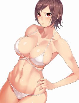 1girl bare_shoulders bikini blush breasts brown_hair cleavage collarbone commentary hand_on_own_hip hiiragi_yuuichi kazama_asuka large_breasts looking_at_viewer midriff multi-strapped_bikini namco navel o-ring o-ring_bikini o-ring_top red_eyes short_hair simple_background solo stomach string_bikini swimsuit tekken underboob white_background white_bikini