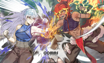 2girls abs absurdres alina_(cieluscian) bandaged_wrist bandages bare_shoulders black_shirt blonde_hair blue_shirt blurry blurry_background borrowed_character breasts brown_pants clenched_hands closed_mouth commentary commission dark-skinned_female dark_skin english_commentary facial_mark fangs feet_out_of_frame fiery_hair fighting fighting_stance fire flaming_hand fur-trimmed_pants fur_trim highleg highleg_panties highres long_hair looking_at_another magic_circle midriff_sarashi multicolored_hair multiple_girls open_mouth original panties pants panty_straps park_ongjol pelvic_curtain pink_eyes polar_opposites pyrokinesis red_hair sarashi sasha_vaschenko_(frelia) scar scar_on_shoulder shirt sleeveless sleeveless_shirt slit_pupils spiked_wristband teeth toned toned_female two-tone_hair underboob underwear v-shaped_eyebrows white_hair yellow_eyes