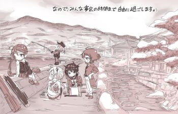 ahoge akebono_(kancolle) akebono_(saury_festival)_(kancolle) character_request commentary_request fishing fishing_rod hatsuzuki_(kancolle) hatsuzuki_(saury_festival)_(kancolle) kantai_collection kishinami_(kancolle) kishinami_(saury_festival)_(kancolle) kugimiya_atsuki long_hair mountain ooshio_(kancolle) ooshio_(saury_festival)_(kancolle) outdoors power_lines short_hair sitting snow track_suit translation_request vest