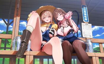 2girls absurdres animal_print areola_slip bench between_breasts bikini bikini_under_clothes black_boots blonde_hair blue_overalls blush boots bra breasts brown_eyes brown_hair brown_pantyhose cleavage closed_mouth cow_print cow_print_bikini hat highres holding hood hoodie kneehighs lace lace-trimmed_bra lace_trim large_breasts long_hair looking_at_viewer milk_churn milking_machine multiple_girls name_tag ogre_(illustogre) open_mouth original outdoors overalls pantyhose paper pillar pink_shirt print_bikini shiny_skin shirt sitting smile socks spread_legs straw_hat swimsuit unbuttoned unbuttoned_shirt underwear voice_drama_available yellow_hoodie