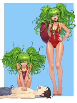 Rule 34 | 1boy, 1girl, :o, absurdres, bare legs, barefoot, big hair, blue background, border, breasts, casual one-piece swimsuit, choker, cleavage, commentary, cpr, crying, english commentary, full body, girls' frontline, green hair, hand on own hip, highres, kneeling, lifeguard, long hair, long legs, lying, m950a (girls' frontline), medium breasts, o o, on back, one-piece swimsuit, one-piece tan, red one-piece swimsuit, romana, simple background, solo focus, standing, swimsuit, tan, tanline, tanline peek, thigh gap, twintails, wavy hair, whistle, whistle around neck, white border, yellow eyes