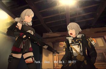 amoncheeto black_gloves bound bound_wrists breasts call_of_duty call_of_duty:_black_ops_2 dual-mode_shotgun girls'_frontline gloves grey_hair gun hair_ribbon highres jacket large_breasts multiple_girls pump-action_shotgun pump_action red_eyes ribbon scene_reference semi-automatic_shotgun short_hair shotgun sitting skirt spas-12 spas-12_(girls'_frontline) subtitled thighhighs tied_up_(nonsexual) vector_(girls'_frontline) weapon yellow_eyes
