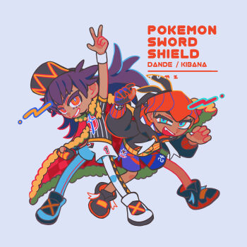 2boys aqua_eyes arm_up artist_name black_gloves black_hair black_hat black_hoodie black_shirt black_shoes blue_shorts cape champion_uniform character_name charizard_pose checkered_cape checkered_clothes claw_pose commentary_request copyright_name dark-skinned_female dark_skin dot_nose eyelashes fang fur-trimmed_cape fur_trim gloves grey_background hat highres hood hood_down hoodie jep5e leon_(pokemon) long_hair long_sleeves male_focus mismatched_facial_hair multiple_boys nintendo open_mouth orange_hat partially_fingerless_gloves pokemon pokemon_swsh purple_hair raihan_(pokemon) red_cape ringed_eyes shirt shoes short_hair short_sleeves shorts simple_background single_glove smile teeth upper_teeth_only w white_shoes white_shorts wristband yellow_eyes