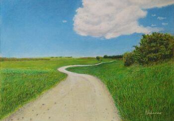 blue_sky bush colored_pencil_(medium) dirt_road highres horizon nakanaori31 no_humans original outdoors path plant road scenery sky traditional_media
