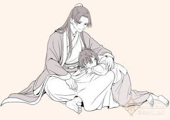 Rule 34 | 1boy, 1girl, arm around shoulder, barefoot, beads, blunt bangs, bun cover, chara no7, chinese clothes, closed eyes, couple, hair beads, hair bun, hair ornament, hair ribbon, half updo, hetero, indian style, jinshi (kusuriya no hitorigoto), kusuriya no hitorigoto, lap pillow, light smile, maomao (kusuriya no hitorigoto), parted bangs, ribbon, sepia, sitting, sleeping, twitter username