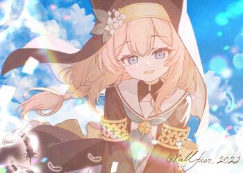 Rule 34 | 1girl, aqua neckerchief, black dress, black veil, blue archive, blue eyes, braid, coif, commentary request, dress, floating hair, flower, hat, hat flower, long hair, long sleeves, looking at viewer, low-braided long hair, low-tied long hair, mari (blue archive), neckerchief, nillfier 2022, nun, open mouth, orange hair, sailor collar, signature, smile, solo, upper body, veil