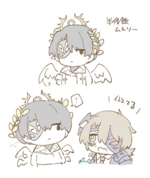 Rule 34 | !, 2boys, absurdres, aedd (e.g.o), alternate costume, arthropod limbs, artificial eye, beard stubble, black eyes, black hair, black sweater, blue coat, blue horns, brown eyes, brown hair, bug, bug arm, chibi, chibi only, closed mouth, coat, collared shirt, comic, crown, dress shirt, e.g.o (project moon), expressionless, extra eyes, facial hair, fang, feathered wings, formal clothes, from side, gregor (project moon), hair between eyes, hair intakes, hair ornament, hair over one eye, half-closed eyes, heterochromia, highres, horns, jacket, jitome, lapels, laurel crown, laurels, lily26983455, limbus company, long hair, long sleeves, looking at another, looking at viewer, looking to the side, low ponytail, male focus, mechanical eye, meursault (project moon), multiple boys, nail (hardware), necktie, official alternate costume, one eye covered, open clothes, open coat, open mouth, parted bangs, partially colored, ponytail, project moon, pursuance (e.g.o), quilted clothes, red eyes, red necktie, shirt, shock centipede (project moon), short hair, simple background, skin fang, speech bubble, spoken exclamation mark, stubble, suit, sweater, upper body, vest, white background, white coat, white shirt, white wings, wings