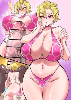 Rule 34 | 1boy, 1girl, all fours, alternate breast size (larger), ass, bikini, blonde hair, bolobolo, breasts, briar (pokemon), bright pupils, cameltoe, cleavage, clothes lift, cowboy shot, curvy, drowzee, earrings, embarrassed, erection, gen 1 pokemon, gluteal fold, hetero, highleg, highleg bikini, highres, huge ass, imminent fellatio, jewelry, large breasts, lipstick, makeup, multiple views, navel, nintendo, oral, pokemon, pokemon sv, pokephilia, red eyes, red lips, shirt lift, short hair, smile, steaming body, sweat, swimsuit, swimsuit under clothes, thick thighs, thighs, thong, thong bikini, wide hips