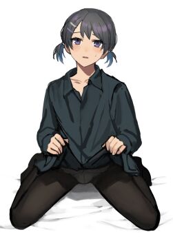 1boy bed_sheet black_pantyhose blue_hair blush clothes_lift collarbone collared_shirt colored_inner_hair commentary_request crossdressing crossdressing_(mtf) dot_nose full_body grey_hair grey_shirt hair_ornament hair_scrunchie hairclip long_sleeves looking_at_viewer male_focus multicolored_hair open_mouth original panties pantyhose parallel_hairclips partial_commentary purple_eyes scrunchie shirt shirt_lift short_hair short_twintails sitting solo sunaba_(nczd5875) sweatdrop trap twintails two-tone_hair underwear wariza white_background white_panties
