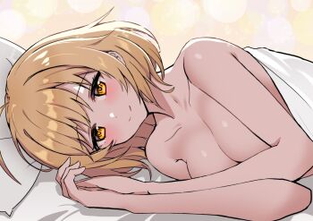 1girl ahoge backlighting bed_sheet blanket blonde_hair blurry blush bokeh breasts cleavage collarbone commentary completely_nude depth_of_field haru_estia highres looking_at_viewer losvje1024 lying medium_breasts medium_hair nude on_bed on_side orange_eyes pillow pov_across_bed smile solo soulworker under_covers upper_body
