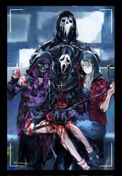 2boys 2girls black_gloves black_hoodie black_mask blonde_hair blood blood_on_clothes bloody_knife border bound bound_wrists commentary cross danny_johnson dead_by_daylight denim english_commentary ghostface gloves highres holding holding_knife hood hood_up hoodie intestines jeans joey_cadogan julie_kostenko knife mask multiple_boys multiple_girls pants purple_hair s_hadowyy scream_(movie) sitting sitting_on_lap sitting_on_person socks susie_lavoie taking_picture the_legion_(dead_by_daylight) twitter_username v viewfinder white_mask