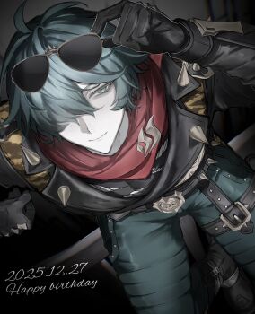 1boy 2025 adjusting_eyewear black_gloves black_jacket closed_mouth dated eyewear_on_head from_above gloves green_eyes green_hair green_pants hair_over_one_eye half-closed_eyes happy_birthday highres jacket kashiko_0911 leather leather_jacket lighter_(zenless_zone_zero) looking_at_viewer male_focus pants red_pupils red_scarf scarf short_hair shoulder_spikes smile solo spiked_jacket spikes studded_gloves sunglasses zenless_zone_zero
