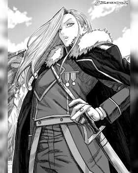 1girl amestris_military_uniform cloud coat coat_on_shoulders commentary cowboy_shot fullmetal_alchemist fur-trimmed_coat fur_trim gloves greyscale hand_on_own_hip hatching_(texture) highres instagram_username long_hair medal military_uniform monochrome olivier_mira_armstrong parted_lips pillarboxed seveninks sheath sheathed sky solo sword weapon