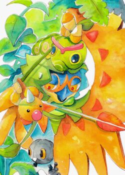 Rule 34 | 4others, absurdres, antennae, arrow (projectile), black eyes, caterpie, commentary request, decidueye, foliage, gen 1 pokemon, gen 6 pokemon, gen 7 pokemon, highres, horns, ivasama kaeru, leaf, looking at another, multiple others, nintendo, no humans, orange eyes, pokemon, scatterbug, single horn, weedle, yellow eyes