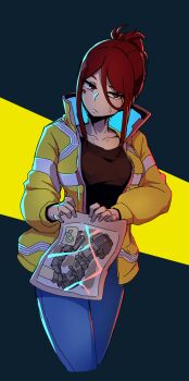 Rule 34 | 1girl, bag, breasts, brown eyes, brown hair, commentary, cowboy shot, cropped legs, cyberpunk: edgerunners, cyberpunk (series), facial mark, frown, galois, gloria martinez, hair bun, highres, holding, holding bag, jacket, large breasts, single hair bun, solo, sweatdrop, yellow jacket