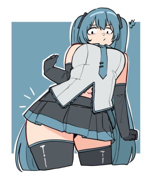 1girl bare_shoulders black_gloves black_skirt black_thighhighs blue_background blue_hair blue_necktie border breasts closed_mouth commentary_request cropped_legs elbow_gloves from_below gloves grey_shirt hatsune_miku kawamochi_(kawauti919) long_hair looking_at_viewer looking_down medium_breasts necktie notice_lines outline pleated_skirt shirt skindentation skirt sleeveless sleeveless_shirt solo thighhighs tie_clip twintails very_long_hair vocaloid white_border white_outline