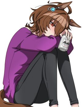 1girl absurdres agnes_tachyon_(casual)_(umamusume) agnes_tachyon_(umamusume) ahoge animal_ears black_pants blush bra_strap brown_hair can casual chemical_structure commentary earrings english_commentary ghuler hair_between_eyes highres holding holding_can horse_ears horse_girl horse_tail jewelry long_sleeves medium_hair pants purple_shirt red_eyes shirt simple_background single_earring solo tail umamusume white_background