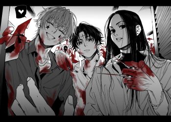 Rule 34 | 3boys, :/, arm up, blood, blood on clothes, blood on hands, bracelet, chrollo lucilfer, closed eyes, closed mouth, collared shirt, commentary request, earrings, facial mark, forehead mark, grin, hair down, hand on another's shoulder, heart, highres, holding, holding needle, hunter x hunter, illumi zoldyck, jewelry, letterboxed, long hair, looking to the side, male focus, multiple boys, neck tattoo, needle, open collar, piercing, shirt, sideways glance, smile, speech bubble, sphere earrings, spider tattoo, spoken heart, star (symbol), star facial mark, stud earrings, tattoo, teardrop facial mark, teeth, upper body, wing collar, yu (yuririnta)
