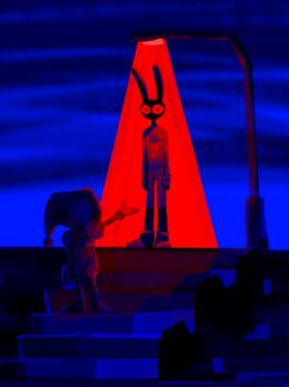 1boy 1girl animal_ears blue_background commentary english_commentary from_behind full_body hat highres jax_(the_amazing_digital_circus) jester_cap jester_costume lamppost limited_palette looking_at_viewer mist_057 pomni_(the_amazing_digital_circus) rabbit_boy rabbit_ears reaching reaching_towards_another red_light stairs standing suspenders the_amazing_digital_circus