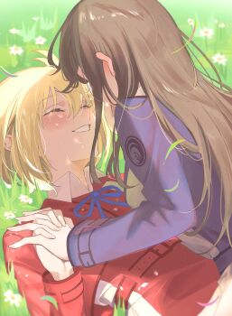 2girls absurdres black_hair blonde_hair blush closed_eyes commentary_request crying day flower girl_on_top grass happy_tears highres holding_hands inoue_takina interlocked_fingers long_hair lycoris_recoil lycoris_uniform lying multiple_girls nishikigi_chisato on_back on_ground outdoors short_hair smile tears toho10min upper_body yuri